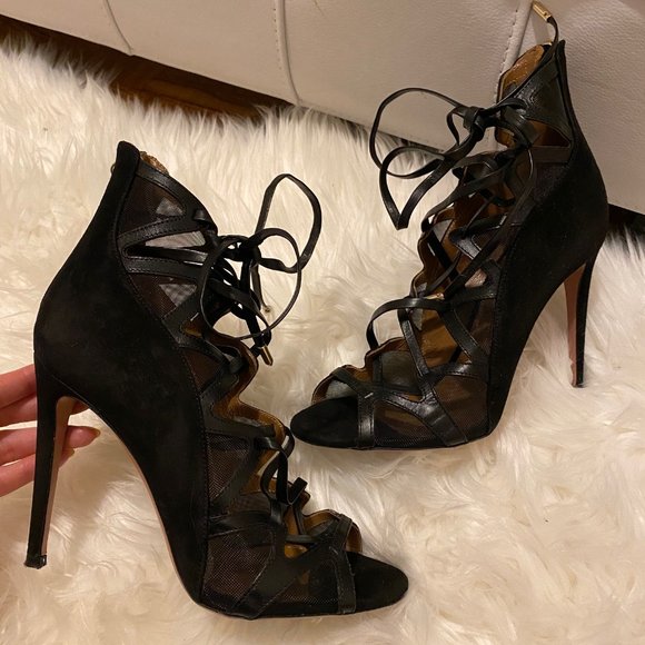 Aquazzura Black Leather Suede Strappy French Lover Booties SZ 37 - Picture 7 of 13